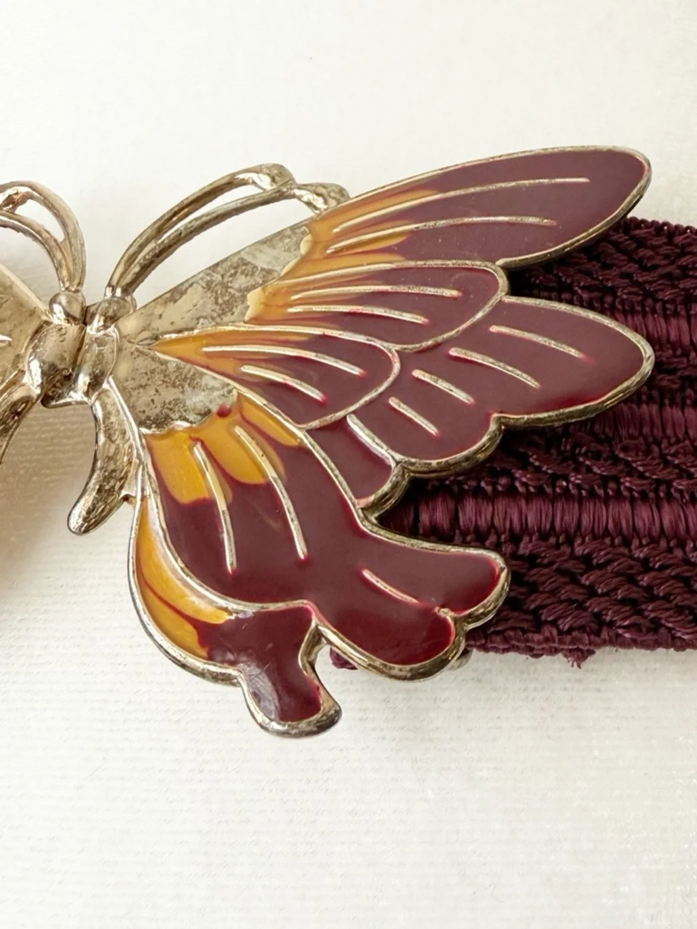 Vintage 80s Burgundy Enamel Butterfly Buckle Elastic Waist Textured Belt Size XL - Picture 6 of 15